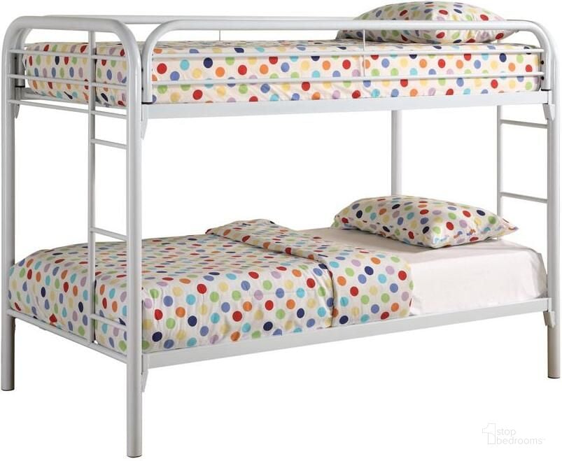 The appearance of Fordham White Twin Over Twin Metal Bunkbed designed by Coaster in the modern / contemporary interior design. This white piece of furniture  was selected by 1StopBedrooms from Fordham Collection to add a touch of cosiness and style into your home. Sku: 2256W. Bed Type: Bunk Bed. Material: Metal. Product Type: Bunk Bed. Bed Size: Twin Over Twin. Image1