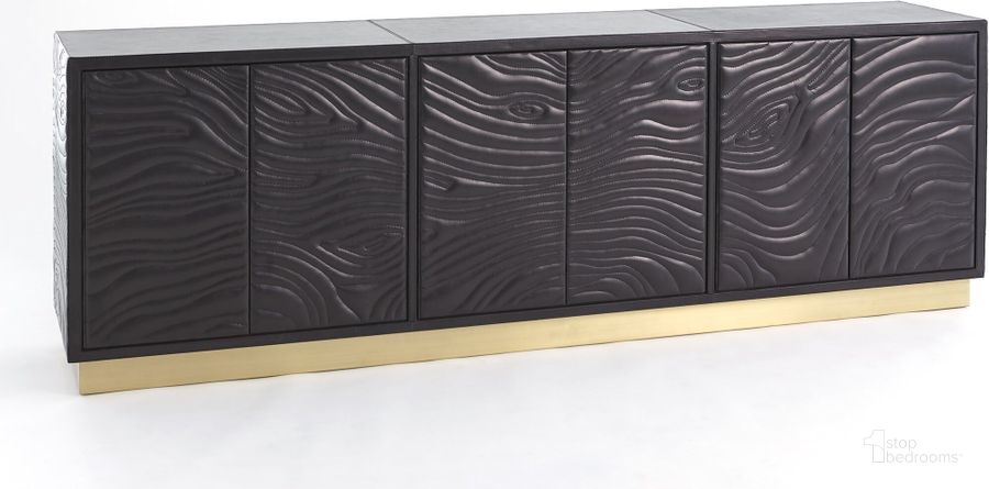 The appearance of Forest Long Cabinet In Charcoal Leather designed by Global Views in the modern / contemporary interior design. This black piece of furniture  was selected by 1StopBedrooms from Forest Collection to add a touch of cosiness and style into your home. Sku: 7.91039. Product Type: Cabinet. Material: Brass. Image1