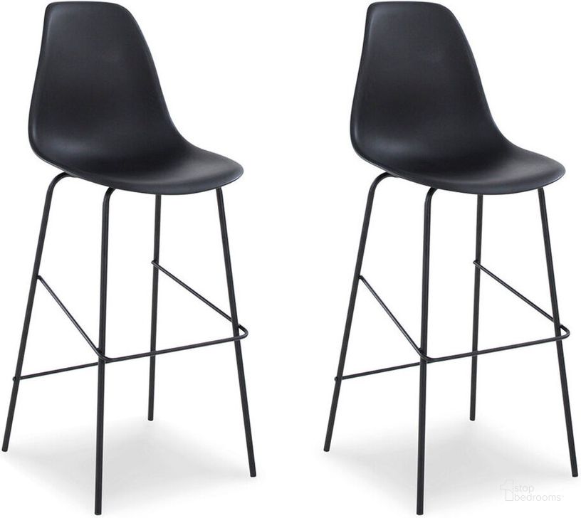 The appearance of Forestead Black Bar Stool Set Of 2 designed by Signature Design by Ashley in the modern / contemporary interior design. This black piece of furniture  was selected by 1StopBedrooms from Forestead Collection to add a touch of cosiness and style into your home. Sku: D130-130. Material: Metal. Product Type: Barstool. Image1