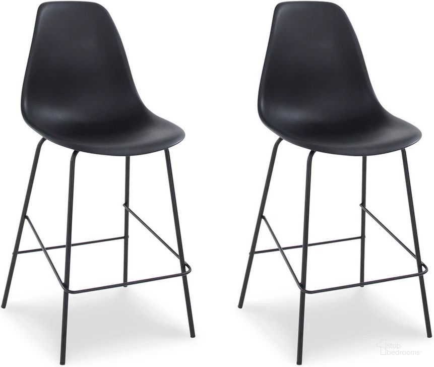 The appearance of Forestead Black Counter Height Stool Set Of 2 designed by Signature Design by Ashley in the modern / contemporary interior design. This black piece of furniture  was selected by 1StopBedrooms from Forestead Collection to add a touch of cosiness and style into your home. Sku: D130-124. Material: Metal. Product Type: Barstool. Image1