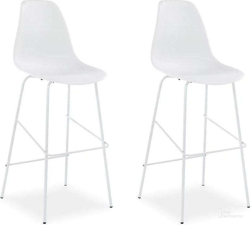 The appearance of Forestead White Bar Stool Set Of 2 designed by Signature Design by Ashley in the modern / contemporary interior design. This white piece of furniture  was selected by 1StopBedrooms from Forestead Collection to add a touch of cosiness and style into your home. Sku: D130-230. Material: Metal. Product Type: Barstool. Image1