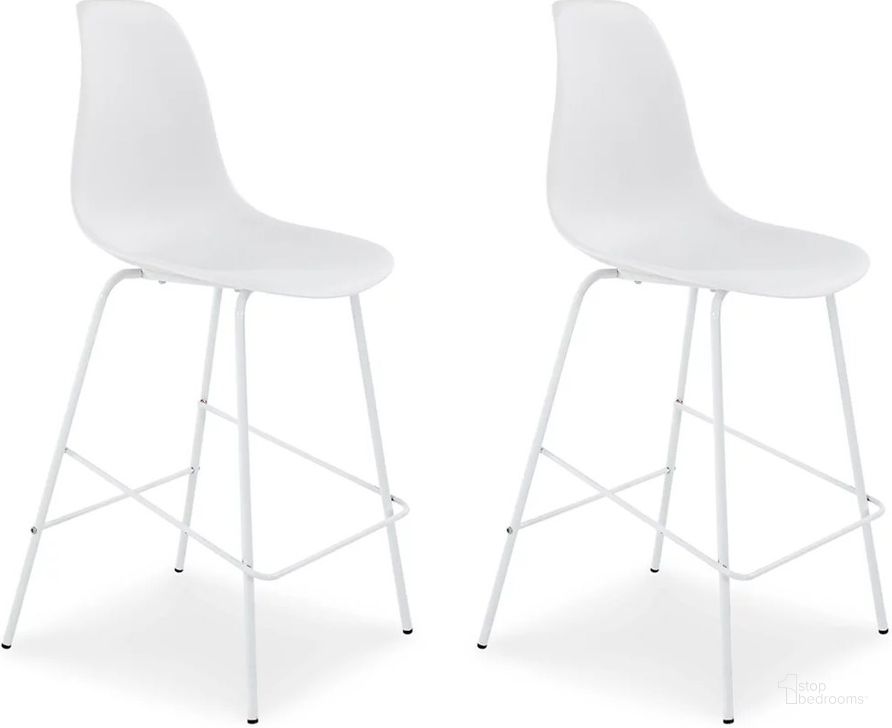 The appearance of Forestead White Counter Height Stool Set Of 2 designed by Signature Design by Ashley in the modern / contemporary interior design. This white piece of furniture  was selected by 1StopBedrooms from Forestead Collection to add a touch of cosiness and style into your home. Sku: D130-224. Material: Metal. Product Type: Barstool. Image1