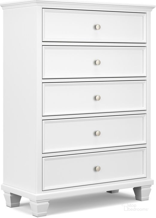 The appearance of Fortman White Five Drawer Chest designed by Signature Design by Ashley in the transitional interior design. This white piece of furniture  was selected by 1StopBedrooms from Fortman Collection to add a touch of cosiness and style into your home. Sku: B680-46. Material: Wood. Product Type: Chest. Image1