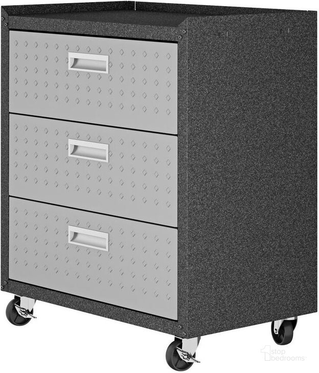 The appearance of Fortress Textured Metal 31.5 Inch Garage Mobile Chest With 3 Full Extension Drawers In Grey designed by Manhattan Comfort in the modern / contemporary interior design. This grey piece of furniture  was selected by 1StopBedrooms from Fortress Collection to add a touch of cosiness and style into your home. Sku: 4GMCC. Material: Steel. Product Type: Cabinet. Image1