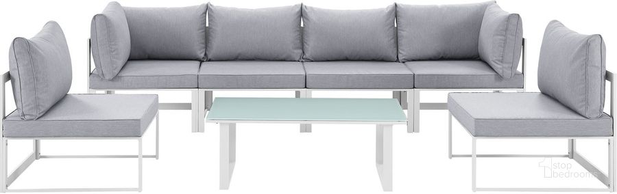 The appearance of Fortuna White and Gray 7 Piece Outdoor Patio Sectional Sofa Set EEI-1729-WHI-GRY-SET designed by Modway in the modern / contemporary interior design. This white and gray piece of furniture  was selected by 1StopBedrooms from Fortuna Collection to add a touch of cosiness and style into your home. Sku: EEI-1729-WHI-GRY-SET. Material: Polyester. Product Type: Outdoor Sofa. Image1