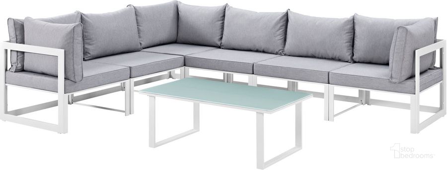 The appearance of Fortuna White and Gray 7 Piece Outdoor Patio Sectional Sofa Set EEI-1737-WHI-GRY-SET designed by Modway in the modern / contemporary interior design. This white and gray piece of furniture  was selected by 1StopBedrooms from Fortuna Collection to add a touch of cosiness and style into your home. Sku: EEI-1737-WHI-GRY-SET. Material: Polyester. Product Type: Outdoor Sofa. Image1