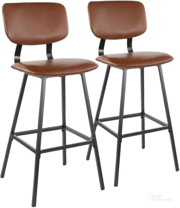 The appearance of Foundry Contemporary Barstool In Black Metal And Cognac Faux Leather With Brown Zig Zag Stitching - Set Of 2 designed by Lumisource in the modern / contemporary interior design. This black piece of furniture  was selected by 1StopBedrooms from Foundry Collection to add a touch of cosiness and style into your home. Sku: B30-FNDY BK+CG2. Product Type: Barstool. Material: PU. Image1