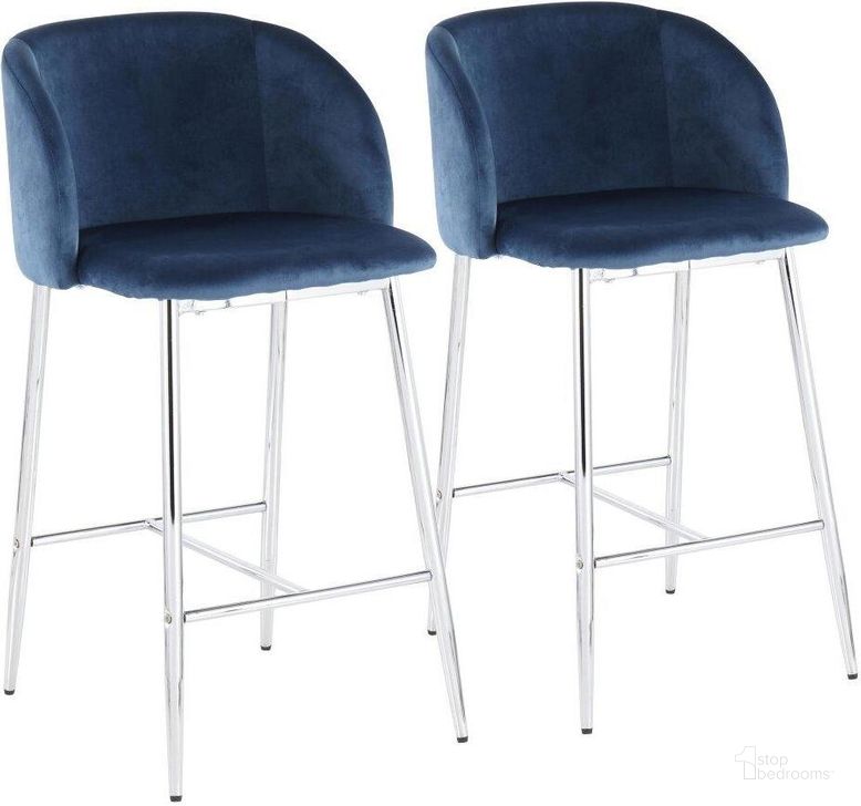 The appearance of Fran Contemporary Counter Stool In Chrome Metal And Blue Velvet - Set Of 2 designed by Lumisource in the modern / contemporary interior design. This blue piece of furniture  was selected by 1StopBedrooms from Luna Collection to add a touch of cosiness and style into your home. Sku: B26-FRAN VBU2. Product Type: Barstool. Material: Velvet. Image1