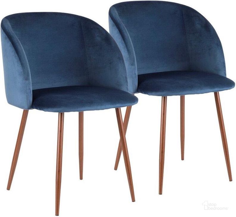 The appearance of Fran Contemporary Dining Chair In Walnut And Blue Velvet - Set Of 2 designed by Lumisource in the modern / contemporary interior design. This walnut piece of furniture  was selected by 1StopBedrooms from Luna Collection to add a touch of cosiness and style into your home. Sku: CH-FRAN WL+BU2. Material: Metal. Product Type: Dining Chair. Image1