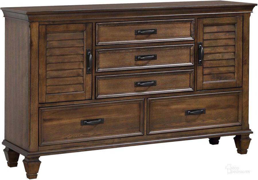 The appearance of Franco Burnished Oak Dresser designed by Coaster in the traditional interior design. This brown piece of furniture  was selected by 1StopBedrooms from Franco Collection to add a touch of cosiness and style into your home. Sku: 200973. Material: Wood. Product Type: Dresser. Image1