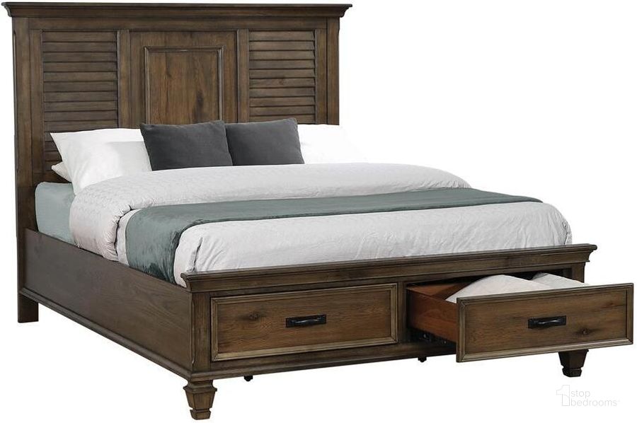 The appearance of Franco Burnished Oak King Storage Platform Bed designed by Coaster in the transitional interior design. This brown piece of furniture  was selected by 1StopBedrooms from Franco Collection to add a touch of cosiness and style into your home. Sku: 200970KEB1;200970KEB2;200970KEB3. Bed Type: Storage Bed. Material: Wood. Product Type: Storage Bed. Bed Size: King. Image1