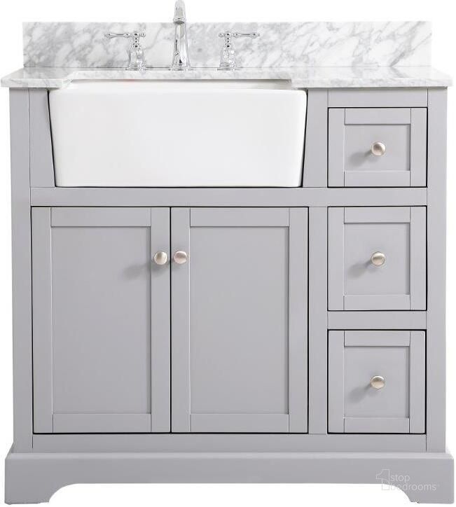 The appearance of Franklin 36 Inch Single Bathroom Vanity In Grey With Backsplash designed by Elegant Lighting in the country / farmhouse interior design. This grey piece of furniture  was selected by 1StopBedrooms from Franklin Collection to add a touch of cosiness and style into your home. Sku: VF60236GR-BS. Material: Wood. Product Type: Bathroom Vanity. Image1