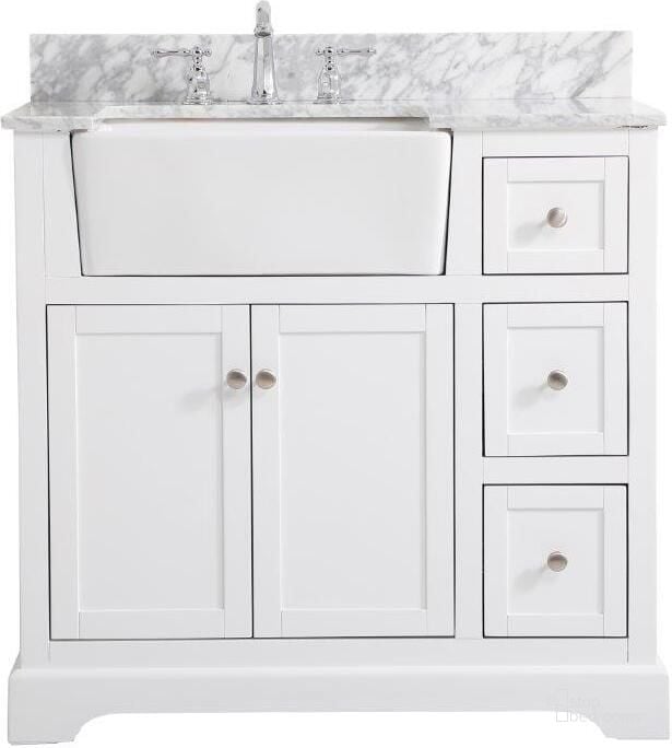 The appearance of Franklin 36 Inch Single Bathroom Vanity In White With Backsplash designed by Elegant Lighting in the country / farmhouse interior design. This white piece of furniture  was selected by 1StopBedrooms from Franklin Collection to add a touch of cosiness and style into your home. Sku: VF60236WH-BS. Material: Wood. Product Type: Bathroom Vanity. Image1