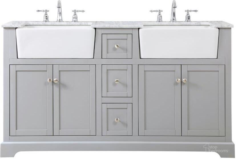 The appearance of Franklin 60 Inch Double Bathroom Vanity In Grey designed by Elegant Lighting in the country / farmhouse interior design. This grey piece of furniture  was selected by 1StopBedrooms from Franklin Collection to add a touch of cosiness and style into your home. Sku: VF60260DGR. Material: Wood. Product Type: Bathroom Vanity. Image1
