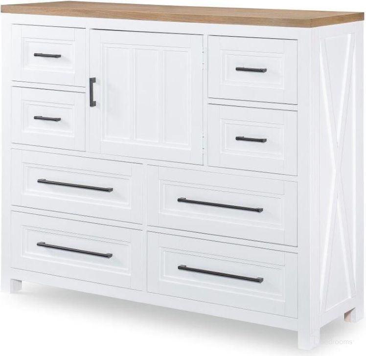 The appearance of Franklin White Bureau Chest designed by Legacy Classic in the modern / contemporary interior design. This white piece of furniture  was selected by 1StopBedrooms from Franklin Collection to add a touch of cosiness and style into your home. Sku: 1561-1500. Product Type: Chest. Material: Wood Veneer. Image1