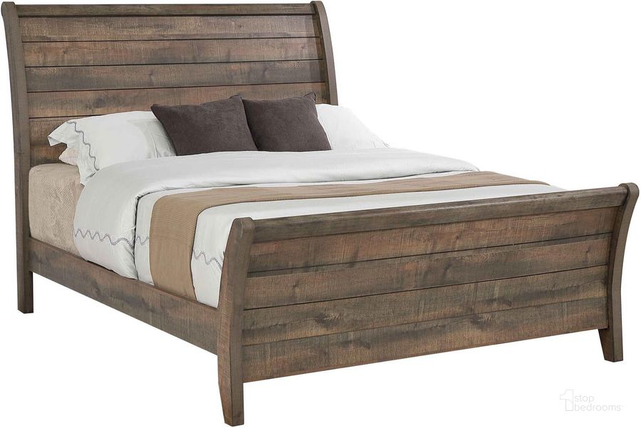 The appearance of Frederick Weathered Oak King Sleigh Bed designed by Coaster in the transitional interior design. This brown piece of furniture  was selected by 1StopBedrooms from Frederick Collection to add a touch of cosiness and style into your home. Sku: 222961KEB1;222961KEB2;222961KEB3. Bed Type: Sleigh Bed. Product Type: Sleigh Bed. Bed Size: King. Material: MDF. Image1