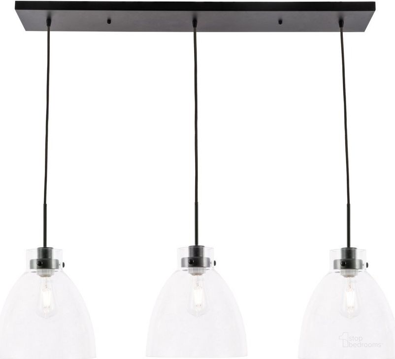 The appearance of Frey 3 Light Black And Clear Glass Pendant designed by Elegant Lighting in the industrial interior design. This black piece of furniture  was selected by 1StopBedrooms from Frey Collection to add a touch of cosiness and style into your home. Sku: LD5030D42BK. Product Type: Pendant Lighting. Material: Iron. Image1