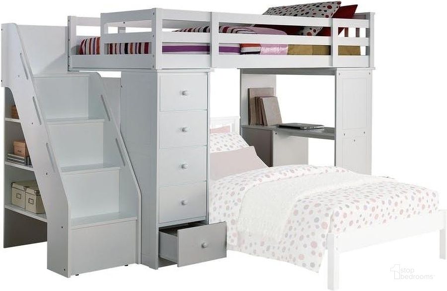 The appearance of Freya White Loft Bed with Bookcase Ladder designed by ACME in the modern / contemporary interior design. This white piece of furniture  was selected by 1StopBedrooms from Freya Collection to add a touch of cosiness and style into your home. Sku: 37145HF;37146R;37147RCH;37148LCH;37149LD. Material: Wood. Product Type: Loft Bed. Bed Type: Loft Bed. Image1