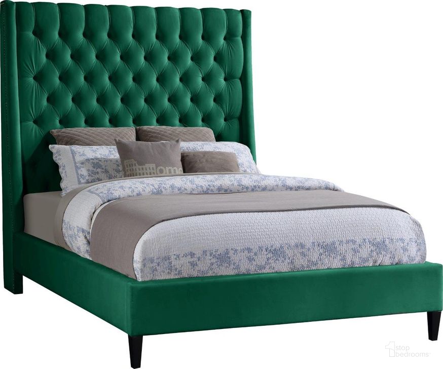 The appearance of Fritz Velvet King Bed In Green designed by Meridian in the modern / contemporary interior design. This green piece of furniture  was selected by 1StopBedrooms from Fritz Collection to add a touch of cosiness and style into your home. Sku: FritzGreen-K-1;FritzGreen-K-2. Product Type: Bed. Bed Size: King. Material: Velvet. Image1