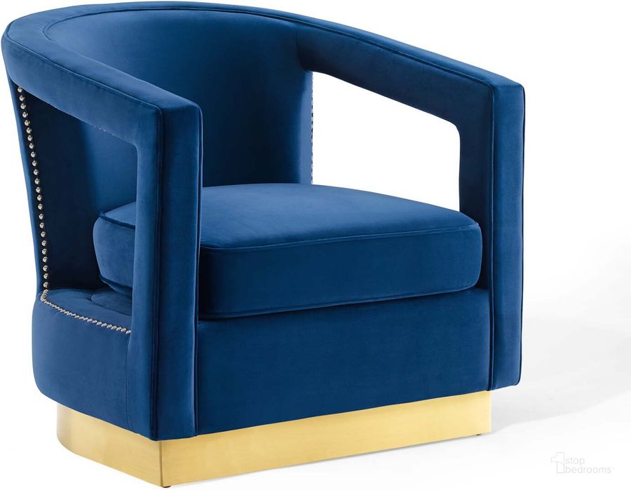 The appearance of Frolick Navy Performance Velvet Arm Chair designed by Modway in the modern / contemporary interior design. This navy piece of furniture  was selected by 1StopBedrooms from Frolick Collection to add a touch of cosiness and style into your home. Sku: EEI-3888-NAV. Material: Wood. Product Type: Living Room Chair. Image1