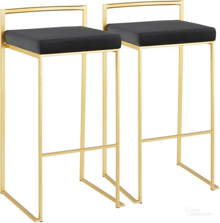 The appearance of Fuji Contemporary Barstool In Gold With Black Velvet Cushion - Set Of 2 designed by Lumisource in the modern / contemporary interior design. This gold piece of furniture  was selected by 1StopBedrooms from Fuji Collection to add a touch of cosiness and style into your home. Sku: B30-FUJI AUVBK2. Product Type: Barstool. Material: Velvet. Image1