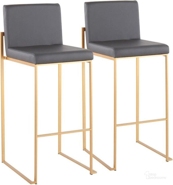 The appearance of Fuji Contemporary High Back Barstool In Gold Steel And Grey Faux Leather - Set Of 2 designed by Lumisource in the modern / contemporary interior design. This gold piece of furniture  was selected by 1StopBedrooms from Fuji Collection to add a touch of cosiness and style into your home. Sku: B30-FUJIHB AUGY2. Product Type: Barstool. Material: PU. Image1