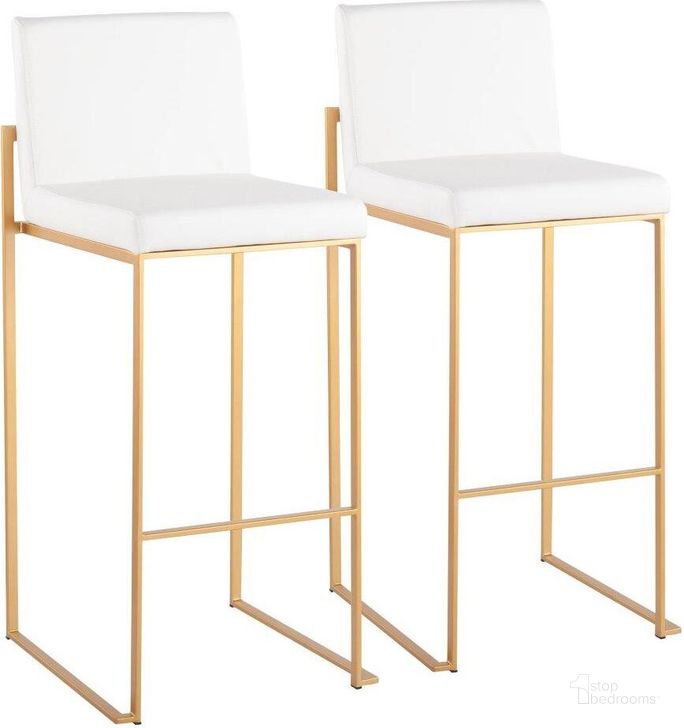 The appearance of Fuji Contemporary High Back Barstool In Gold Steel And White Faux Leather - Set Of 2 designed by Lumisource in the modern / contemporary interior design. This white and gold piece of furniture  was selected by 1StopBedrooms from Fuji Collection to add a touch of cosiness and style into your home. Sku: B30-FUJIHB AUW2. Product Type: Barstool. Material: PU. Image1