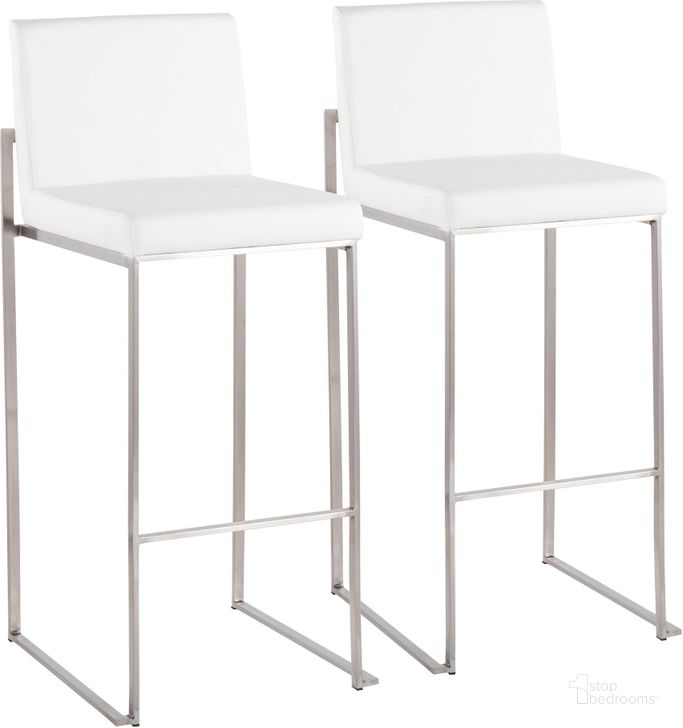 The appearance of Fuji Contemporary High Back Barstool In Stainless Steel And White Faux Leather - Set Of 2 designed by Lumisource in the modern / contemporary interior design. This white piece of furniture  was selected by 1StopBedrooms from Fuji Collection to add a touch of cosiness and style into your home. Sku: B30-FUJIHB SSW2. Product Type: Barstool. Material: PU. Image1