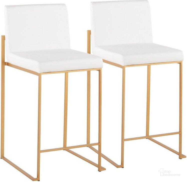 The appearance of Fuji Contemporary High Back Counter Stool In Gold Steel And White Faux Leather - Set Of 2 designed by Lumisource in the modern / contemporary interior design. This white faux leather piece of furniture  was selected by 1StopBedrooms from Fuji Collection to add a touch of cosiness and style into your home. Sku: B26-FUJIHB AUW2. Product Type: Barstool. Material: PU. Image1