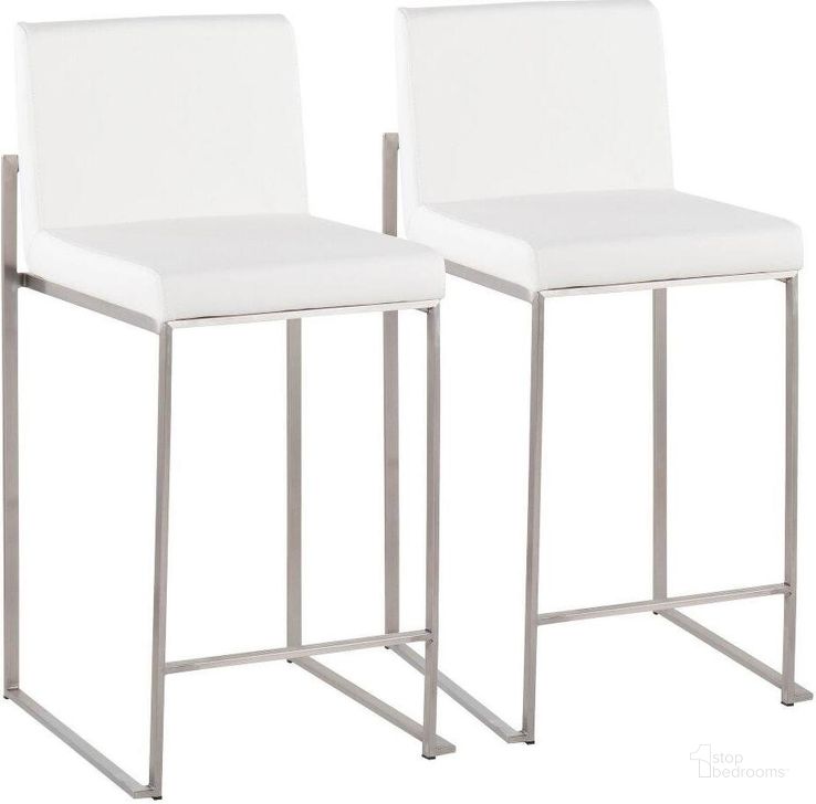 The appearance of Fuji Contemporary High Back Counter Stool In Stainless Steel And White Faux Leather - Set Of 2 designed by Lumisource in the modern / contemporary interior design. This white piece of furniture  was selected by 1StopBedrooms from Fuji Collection to add a touch of cosiness and style into your home. Sku: B26-FUJIHB SSW2. Product Type: Barstool. Material: PU. Image1