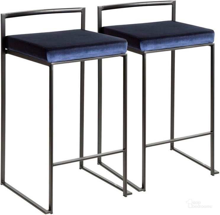 The appearance of Fuji Contemporary Stackable Counter Stool In Black With Blue Velvet Cushion - Set Of 2 designed by Lumisource in the modern / contemporary interior design. This blue piece of furniture  was selected by 1StopBedrooms from Fuji Collection to add a touch of cosiness and style into your home. Sku: B26-FUJI BKVBU2. Material: Metal. Product Type: Barstool. Image1