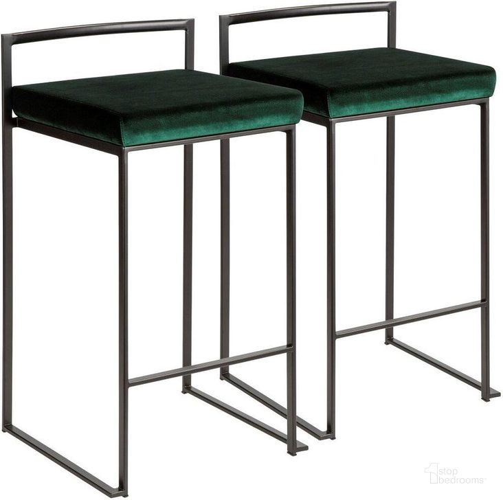 The appearance of Fuji Contemporary Stackable Counter Stool In Black With Green Velvet Cushion - Set Of 2 designed by Lumisource in the modern / contemporary interior design. This green piece of furniture  was selected by 1StopBedrooms from Fuji Collection to add a touch of cosiness and style into your home. Sku: B26-FUJI BKVGN2. Material: Metal. Product Type: Barstool. Image1