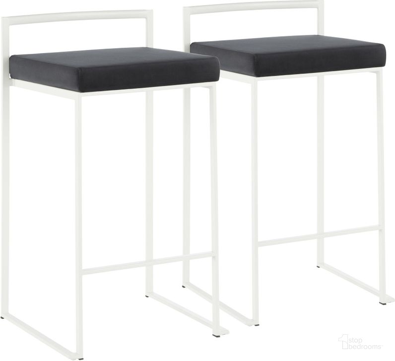 The appearance of Fuji Contemporary Stackable Counter Stool In White With Black Velvet Cushion - Set Of 2 designed by Lumisource in the modern / contemporary interior design. This white piece of furniture  was selected by 1StopBedrooms from Fuji Collection to add a touch of cosiness and style into your home. Sku: B26-FUJI WVBK2. Product Type: Barstool. Material: Velvet. Image1