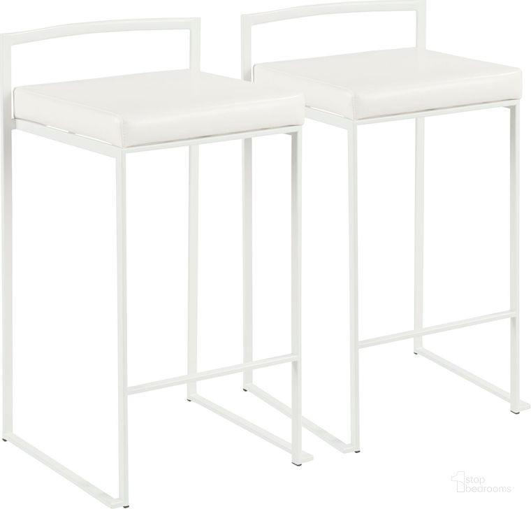 The appearance of Fuji Contemporary Stackable Counter Stool In White With White Faux Leather Cushion - Set Of 2 designed by Lumisource in the modern / contemporary interior design. This white piece of furniture  was selected by 1StopBedrooms from Fuji Collection to add a touch of cosiness and style into your home. Sku: B26-FUJI W+W2. Material: Metal. Product Type: Barstool. Image1