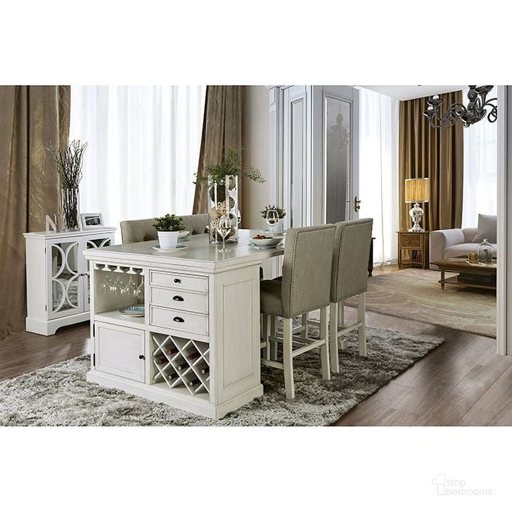 The appearance of Furniture of America Sutton Antique White Counter Height Table designed by Furniture of America in the transitional interior design. This antique white piece of furniture  was selected by 1StopBedrooms from Sutton Collection to add a touch of cosiness and style into your home. Sku: CM3390PT-1;CM3390PT-2. Product Type: Counter Height Table. Table Top Shape: Rectangular. Image1