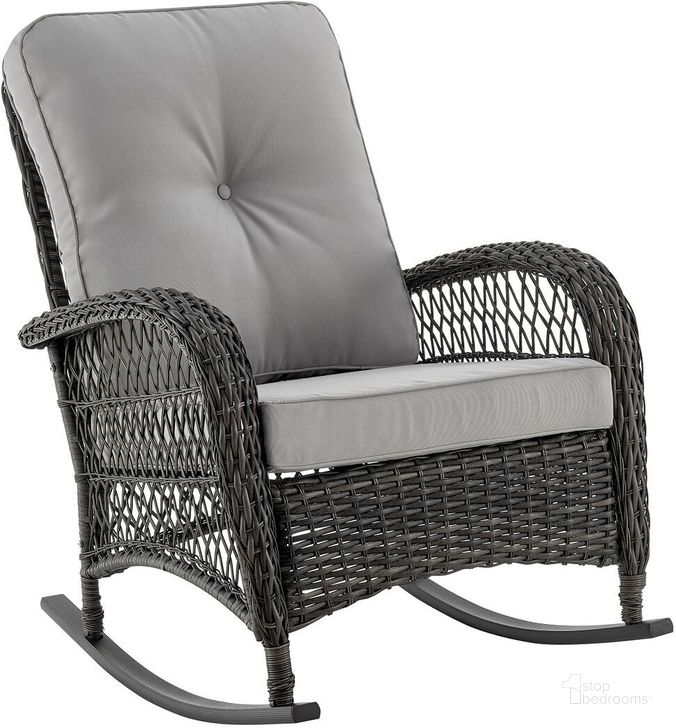 The appearance of Furttuo Steel Rattan Outdoor Rocking Chair With Cushions In Grey designed by Manhattan Comfort in the traditional interior design. This grey piece of furniture  was selected by 1StopBedrooms from Fruttuo Collection to add a touch of cosiness and style into your home. Sku: OD-CV017-GY. Material: Steel. Product Type: Outdoor Chair. Image1