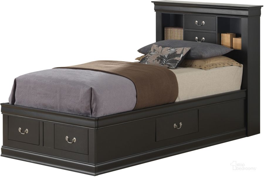 The appearance of Glory Furniture G3150 Twin Storage Bed in Black designed by Glory in the traditional interior design. This black piece of furniture  was selected by 1StopBedrooms from G3150 Collection to add a touch of cosiness and style into your home. Sku: G3150B-TSB-Twin Storage Bed  Headboard;G3150B-TSB-Twin Storage Bed  Footboard;G3150B-TSB-Twin Storage Bed  Rails;G3150B-TSB-Twin Storage Bed  Drawers for Rails;G3150B-TSB-Twin Storage Bed  Drawers for Footboard. Bed Type: Storage Bed. Material: Wood. Product Type: Storage Bed. Bed Size: Twin. Image1