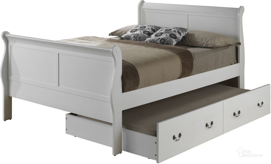 The appearance of Glory Furniture G3190 Full Trundle Bed in White designed by Glory in the traditional interior design. This white piece of furniture  was selected by 1StopBedrooms from G3190 Collection to add a touch of cosiness and style into your home. Sku: G3190G-FTB-Full Trundle Bed Headboard & Footboard;G3190G-FTB-Full Trundle Bed Rails;G3190G-FTB-Trundle Bed Frame for Full/Twin;G3190G-FTB-Trundle Bed Boards For Full/Twin. Material: Wood. Bed Size: Full. Product Type: Trundle Bed. Image1