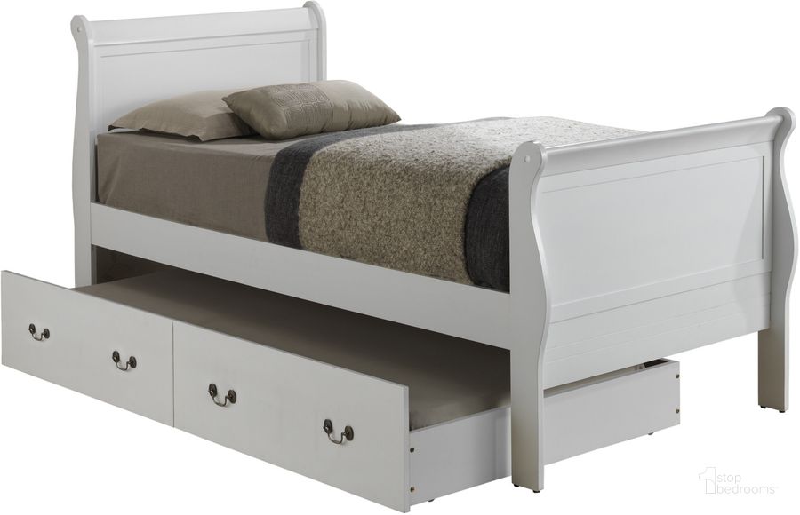The appearance of Glory Furniture G3190 Twin Trundle Bed in White designed by Glory in the traditional interior design. This white piece of furniture  was selected by 1StopBedrooms from G3190 Collection to add a touch of cosiness and style into your home. Sku: G3190G-TTB-Twin Trundle Bed Headboard & Footboard;G3190G-TTB-Twin Trundle Bed Rails;G3190G-TTB-Trundle Bed Frame for Full/Twin;G3190G-TTB-Trundle Bed Boards For Full/Twin. Bed Type: Sleigh Bed. Material: Wood. Product Type: Sleigh Bed. Bed Size: Twin. Image1