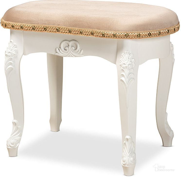The appearance of Gabrielle Traditional French Country Provincial Sand Velvet Fabric Upholstered White-Finished Wood Vanity Ottoman designed by Baxton Studio in the transitional interior design. This sand piece of furniture  was selected by 1StopBedrooms from Gabrielle Collection to add a touch of cosiness and style into your home. Sku: HL6B-A012-White-Otto. Product Type: Ottoman. Material: MDF. Image1