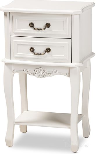 The appearance of Gabrielle Traditional French Country Provincial White-Finished 2-Drawer Wood Nightstand designed by Baxton Studio in the transitional interior design. This white piece of furniture  was selected by 1StopBedrooms from Gabrielle Collection to add a touch of cosiness and style into your home. Sku: ETASW-06-White-NS. Product Type: Nightstand. Material: MDF. Image1