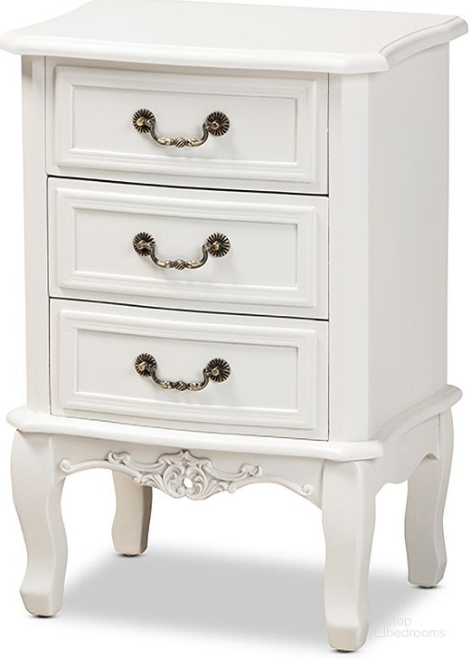 The appearance of Gabrielle Traditional French Country Provincial White-Finished 3-Drawer Wood Nightstand designed by Baxton Studio in the transitional interior design. This white piece of furniture  was selected by 1StopBedrooms from Gabrielle Collection to add a touch of cosiness and style into your home. Sku: ETASW-04-White-NS. Product Type: Nightstand. Material: MDF. Image1