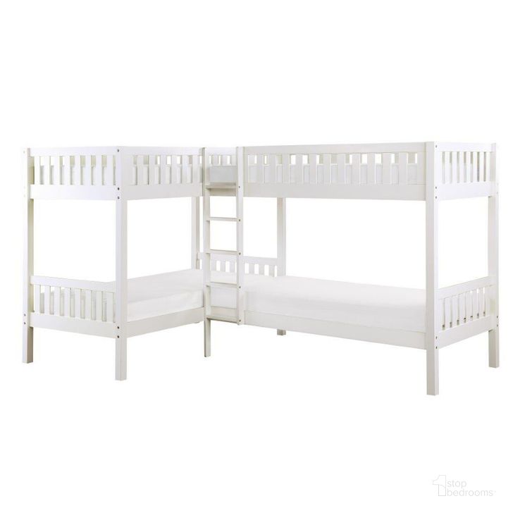 The appearance of Galen White Twin L Corner Bunk Bed designed by Homelegance in the transitional interior design. This white piece of furniture  was selected by 1StopBedrooms from Galen Collection to add a touch of cosiness and style into your home. Sku: B2053CNW-1;B2053CNW-2;B2053CNW-SL. Bed Type: Bunk Bed. Material: Wood. Product Type: Bunk Bed. Bed Size: Twin Over Twin. Image1