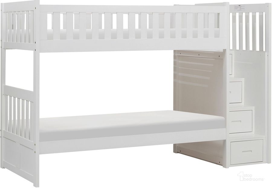 The appearance of Galen White Twin Over Twin Bunk Bed with Storage Staircase designed by Homelegance in the transitional interior design. This white piece of furniture  was selected by 1StopBedrooms from Galen Collection to add a touch of cosiness and style into your home. Sku: B2053SBW-1;B2053SBW-2;B2053SBW-SL;B2053SBW-3. Bed Type: Bunk Bed. Material: Wood. Product Type: Bunk Bed. Bed Size: Twin Over Twin. Image1