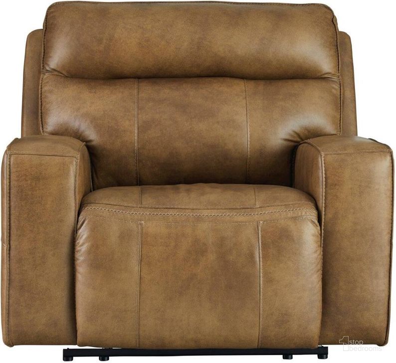 The appearance of Game Plan Leather Oversized Power Recliner In Caramel designed by Signature Design by Ashley in the modern / contemporary interior design. This caramel piece of furniture  was selected by 1StopBedrooms from Game Plan Collection to add a touch of cosiness and style into your home. Sku: U1520682. Material: Leather. Product Type: Recliner. Image1