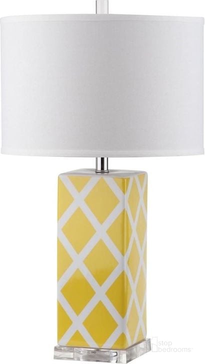 The appearance of Garden Yellow and Off-White 27 Inch Lattice Table Lamp designed by Safavieh in the modern / contemporary interior design. This yellow piece of furniture  was selected by 1StopBedrooms from Garden Collection to add a touch of cosiness and style into your home. Sku: LITS4134G. Product Type: Table Lamp. Image1