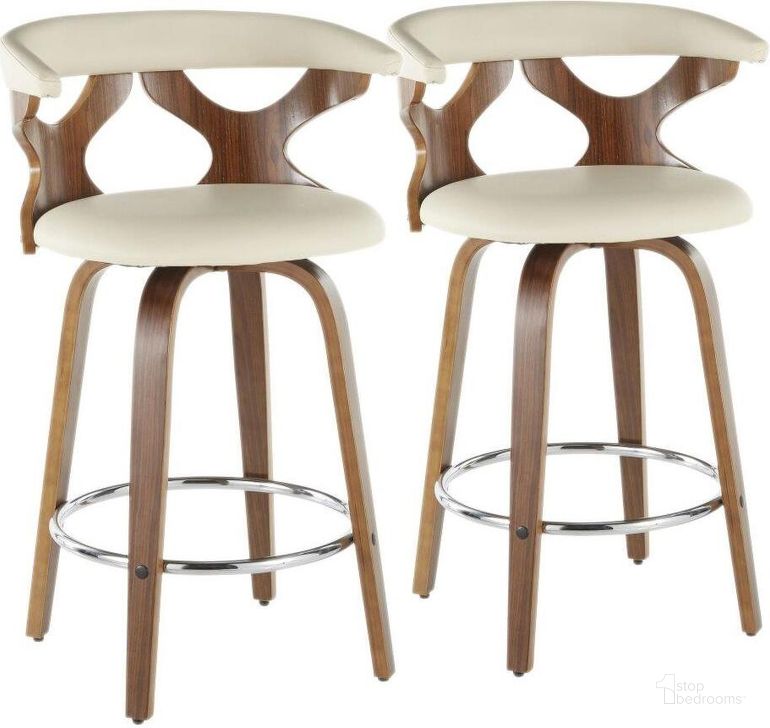 The appearance of Gardenia 26 Inch Mid Century Modern Fixed Height Counter Stool With Swivel In Walnut And Cream Faux Leather Set Of 2 designed by Lumisource in the transitional interior design. This cream piece of furniture  was selected by 1StopBedrooms from Gardenia Collection to add a touch of cosiness and style into your home. Sku: B26-GARD2-SWVR WLCR2. Material: Wood. Product Type: Barstool. Image1