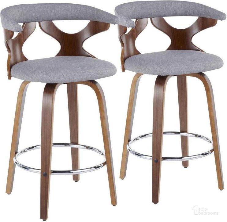 The appearance of Gardenia 26 Inch Mid Century Modern Fixed Height Counter Stool With Swivel In Walnut And Light Grey Fabric Set Of 2 designed by Lumisource in the transitional interior design. This light grey piece of furniture  was selected by 1StopBedrooms from Gardenia Collection to add a touch of cosiness and style into your home. Sku: B26-GARD2-SWVR WLLGY2. Material: Wood. Product Type: Barstool. Image1