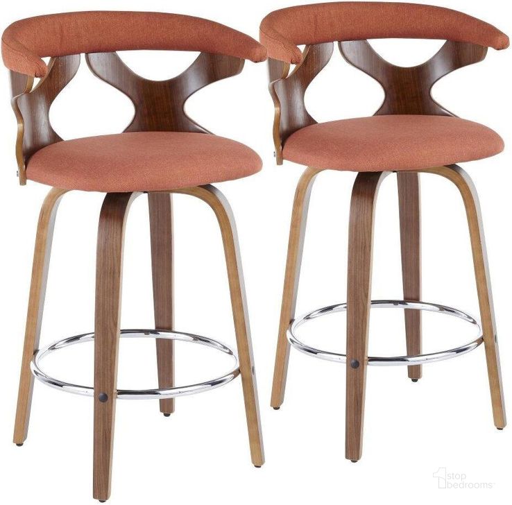 The appearance of Gardenia 26 Inch Mid Century Modern Fixed Height Counter Stool With Swivel In Walnut And Orange Fabric Set Of 2 designed by Lumisource in the transitional interior design. This orange piece of furniture  was selected by 1StopBedrooms from Gardenia Collection to add a touch of cosiness and style into your home. Sku: B26-GARD2-SWVR WLO2. Material: Wood. Product Type: Barstool. Image1