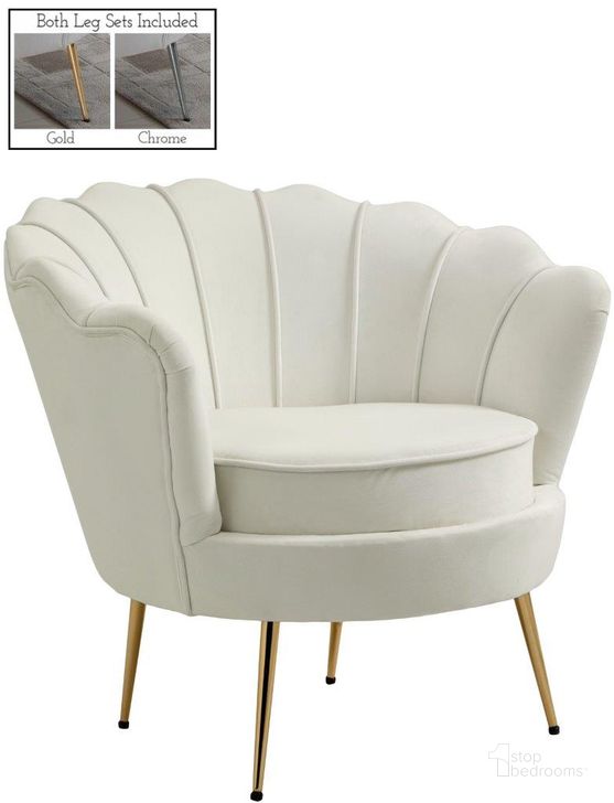 The appearance of Gardenia Cream Chair designed by Meridian in the modern / contemporary interior design. This cream piece of furniture  was selected by 1StopBedrooms from Gardenia Collection to add a touch of cosiness and style into your home. Sku: 684Cream-C. Product Type: Living Room Chair. Material: Velvet. Image1